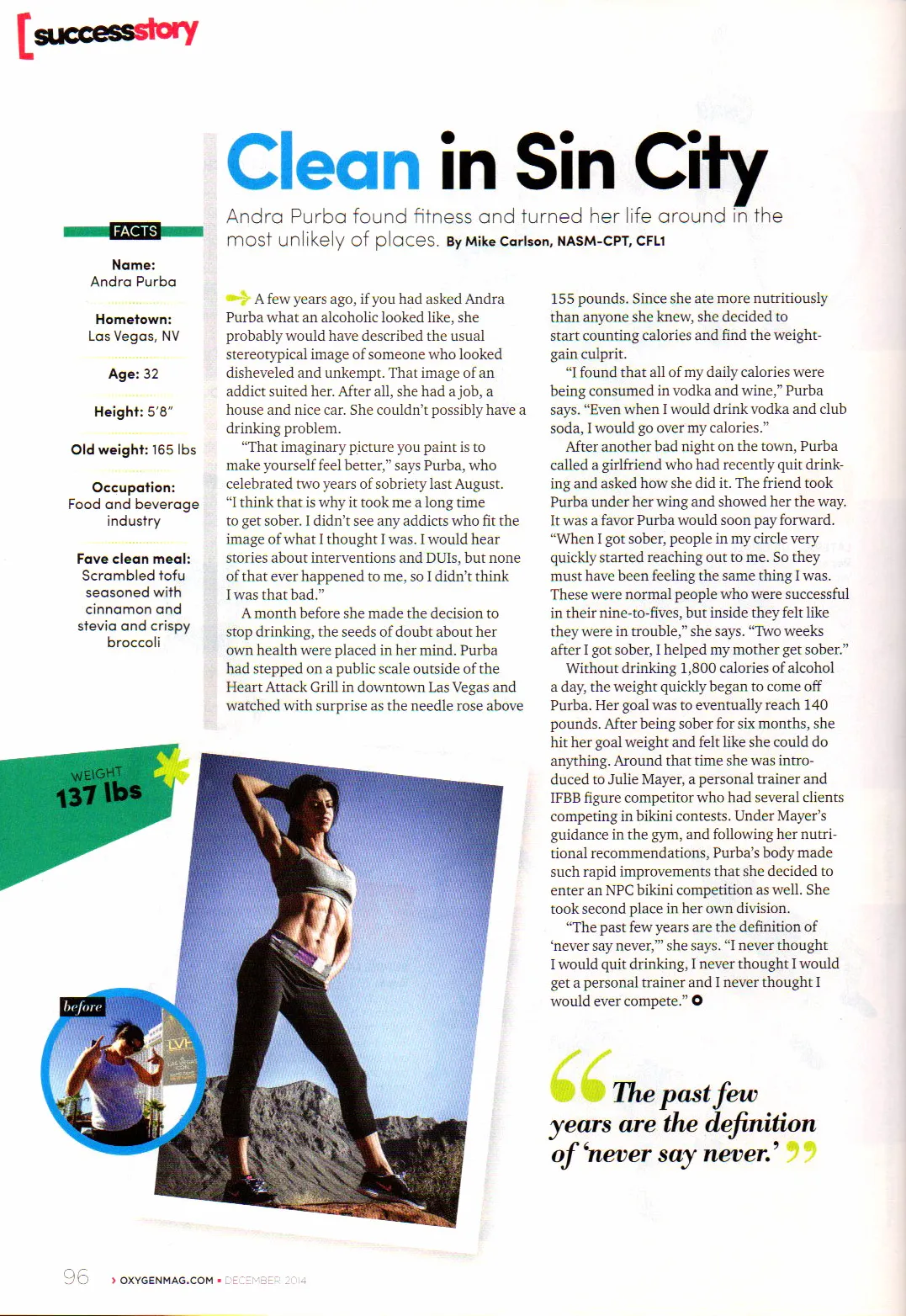 Andra Purba's Oxygen Magazine article, “Clean in Sin City,” December 2014